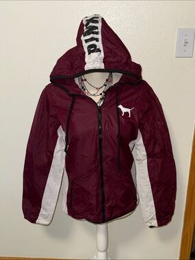 PINK Victoria's Secret Maroon and White Hooded Windbreaker Jacket size XS/S